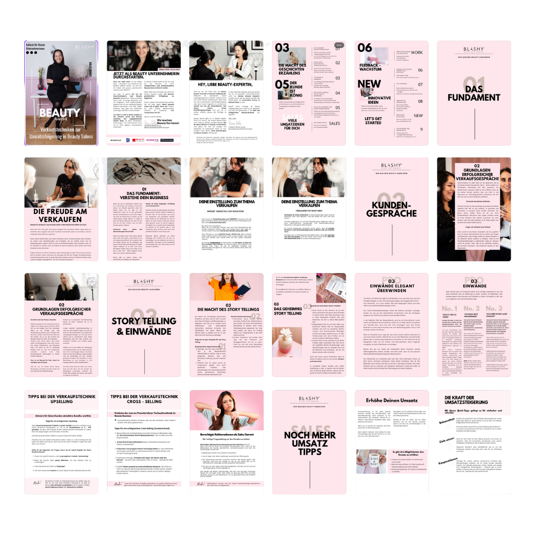 21-seitiger Leitfaden Verkaufstechniken zur Umsatzsteigerung von Lash&Brow Academy Online; rosa/weiß/schwarzes Thema, Frauen im Mittelpunkt. Blashy Shop