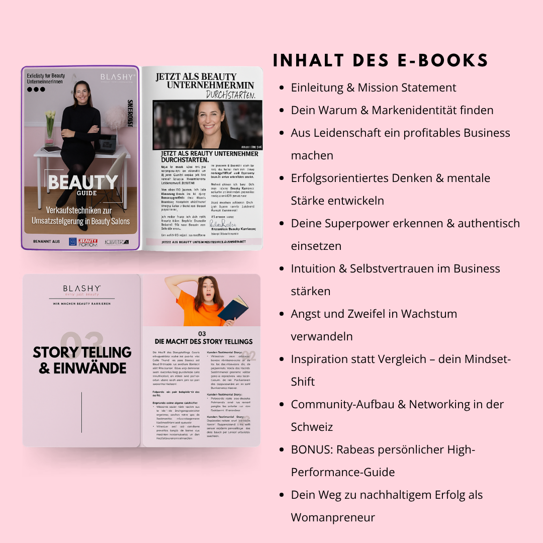 Eine Grafik zeigt das Cover und den Inhalt des E-Books der Lash&Brow Academy: Verkaufstechniken zur Umsatzsteigerung im Beauty Business. Blashy Shop