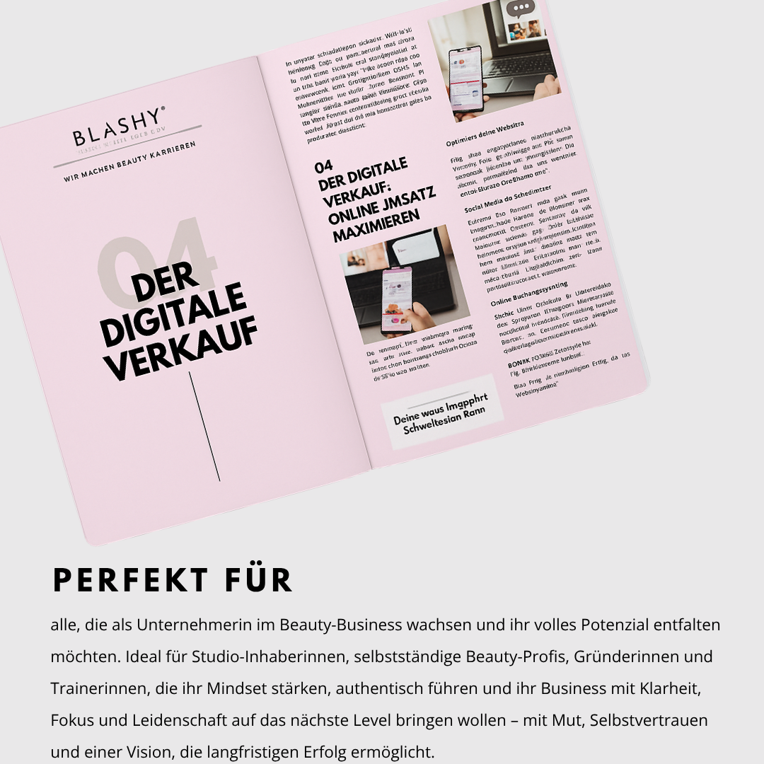 Öffnen Sie die Broschüre mit dem E-BOOK der Lash&Brow Academy: Verkaufstechniken zur Umsatzsteigerung im Beauty Business. Blashy Shop