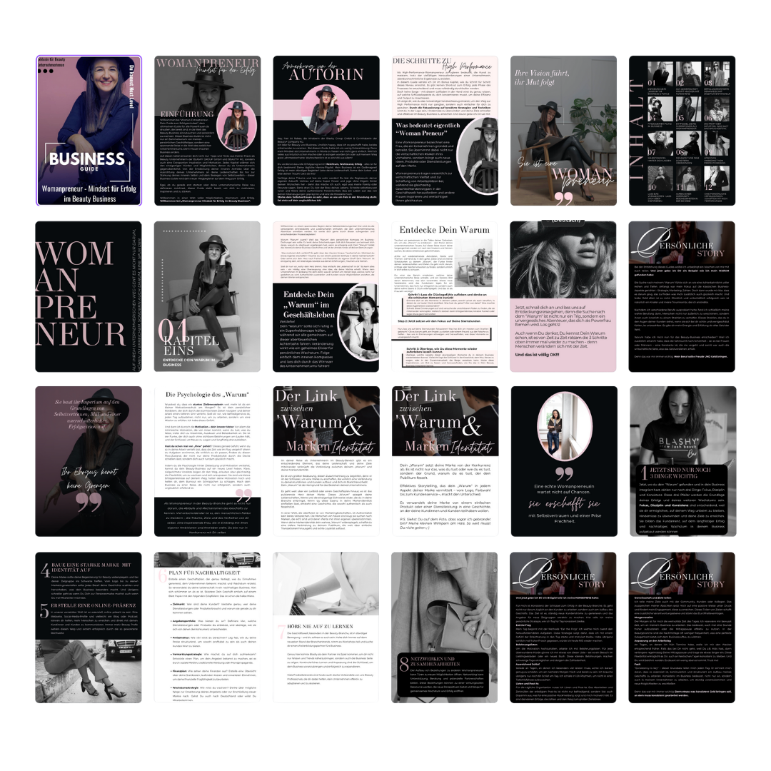 Eine Collage aus 21 Lash&Brow Academy Womanpreneur E-Book Beiträgen mit Frauen, Zitaten und rosa/schwarz/weißen Textblöcken. Blashy Shop