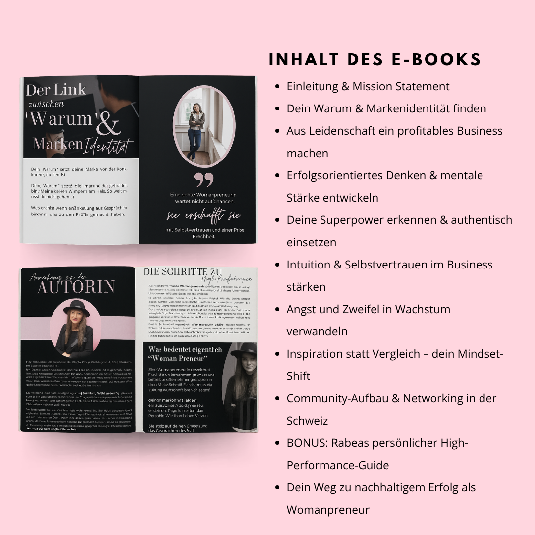 Hier finden Sie eine Vorschau auf zwei Seiten des Lash&Brow Academy Online-E-Books mit Tipps zur Denkweise und wichtigen Themen auf rosa Hintergrund. Blashy Shop