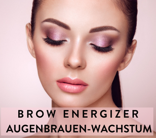 Frau mit gestyltem braunem Haar, rosa Lidschatten und vollen Brauen; Werbung für Blashy BROW ENERGIZER WACHSTUM von Lash&Brow Academy Online. Blashy Shop