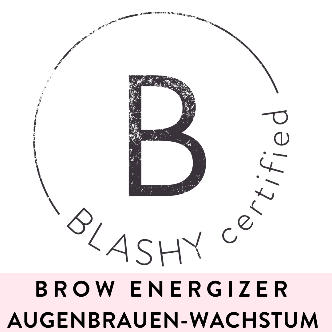 Ein kreisförmiges Logo mit einem fetten B, Lash&Brow Academy Online und Blashy BROW ENERGIZER WACHSTUM Online Kurs inkl.. Zertifikat darunter. Blashy Shop