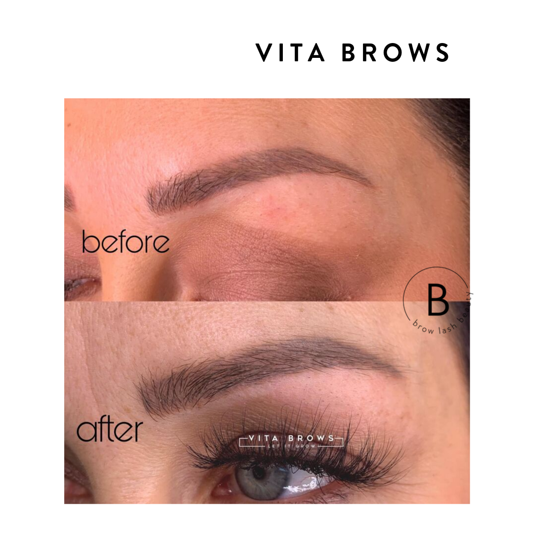 Nahaufnahme der Brauen vor und nach dem Blashy BROW ENERGIZER WACHSTUM Kurs von Lash&Brow Academy: volleres, definiertes Ergebnis. Blashy Shop