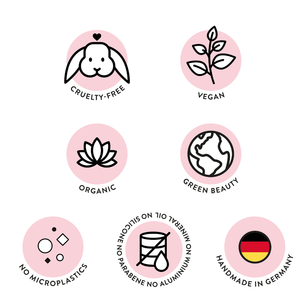 Sechs Symbole für cruelty-free, vegan, organic, no microplastics, hormonfrei & handmade in Germany für BLASHY LASH BOOSTY. Blashy Shop