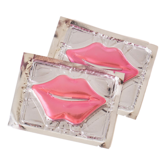 Zwei versiegelte rosafarbene, lippenförmige Blashy C Collagen Lippenmaske-Gelpflaster überlappen sich auf weißem Grund. Blashy Shop