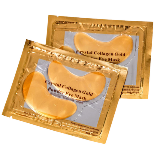 Zwei Crystal Gold Collagen Eye Masks von Blashy C in Goldfolienverpackung, ideal zur Reduzierung von Augenringen. Blashy Shop