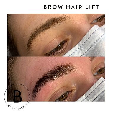 Oben: Natürliche Augenbraue. Unten: Vollere Augenbrauen nach dem Lash&Brow Academy Elleebana BROW HAIR LIFT Online Kurs; das Model trägt eine Maske. Blashy Shop