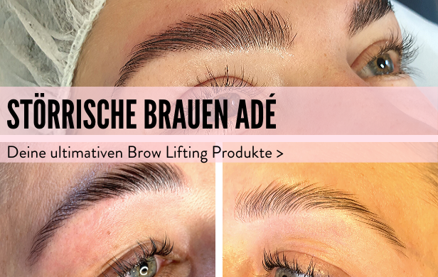 Nahaufnahmen von Augenbrauen mit deutschem Text zur Bewerbung des Elleebana BROW HAIR LIFT Online Kurses von Lash&Brow Academy Online. Blashy Shop