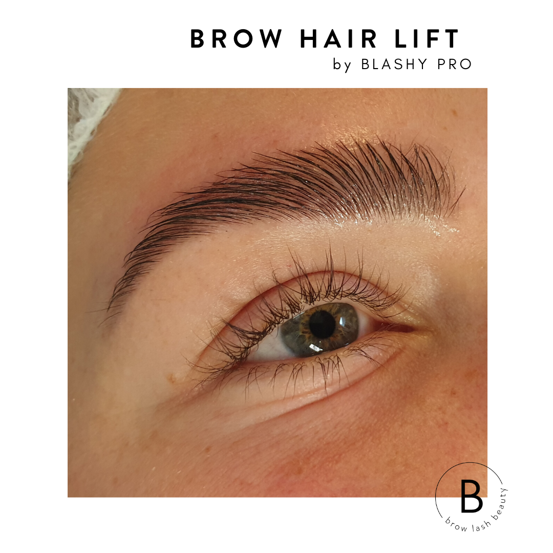 Nahaufnahme einer Augenbraue nach einem Brow Hair Lift mit Elleebana BROW HAIR LIFT Online Kurs von Lash&Brow Academy Online. Blashy Shop