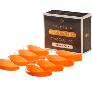 Elleebana Flex Rods - Round Lift C-Curl (S, M, L, XL) in Box mit 8 orangefarbenen Silikonpads für Wimpernlifting angezeigt. Blashy Shop