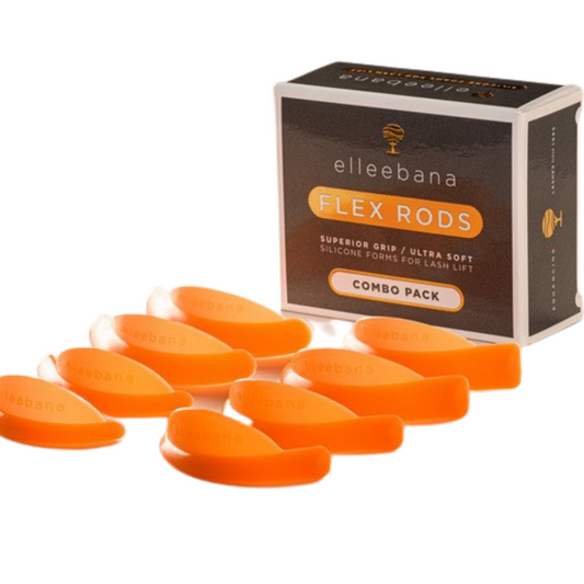 Elleebana Flex Rods - Round Lift C-Curl (S, M, L, XL) in Box mit 8 orangefarbenen Silikonpads für Wimpernlifting angezeigt. Blashy Shop