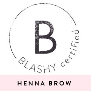 Kreisförmiges Logo: großes B, Rand BLASHY certified, HENNA BROW-ideal für Lash&Brow Academy Online Elleebana Kurs. Blashy Shop