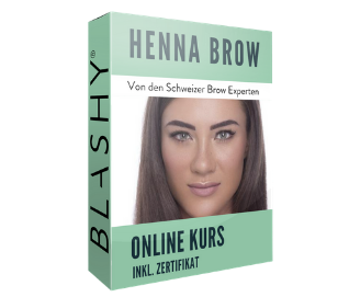 Eine Schachtel mit einem Frauengesicht wirbt für den Elleebana HENNA BROW Online Kurs inkl. Zertifikat. Zertifikat von Lash&Brow Academy Online. Blashy Shop