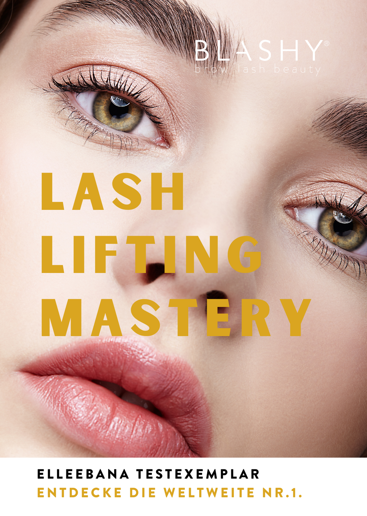 Nahaufnahme eines Frauengesichts mit gelifteten Wimpern, wirbt für das Elleebana Wimpernlifting Mini Test Kit für Umsteiger. Blashy Shop