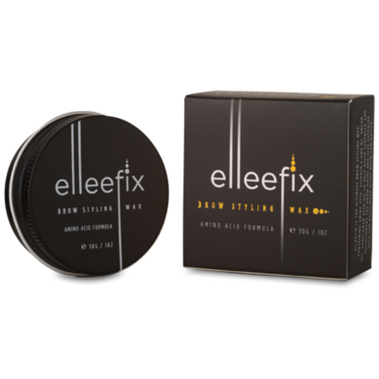 Das Elleebana Elleefix Brow Styling Wax, 30 g, wird in einem schwarzen, runden Behälter und einer Schachtel mit goldenen und weißen Akzenten geliefert. Blashy Shop