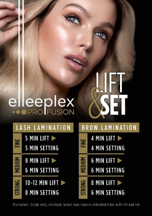 Eine Frau mit gestylten Wimpern und Augenbrauen ist neben der Anleitung für Elleebanas Elleeplex Profusion Lash Lifting & Brow Lamination 10/10 Pack abgebildet. Blashy Shop