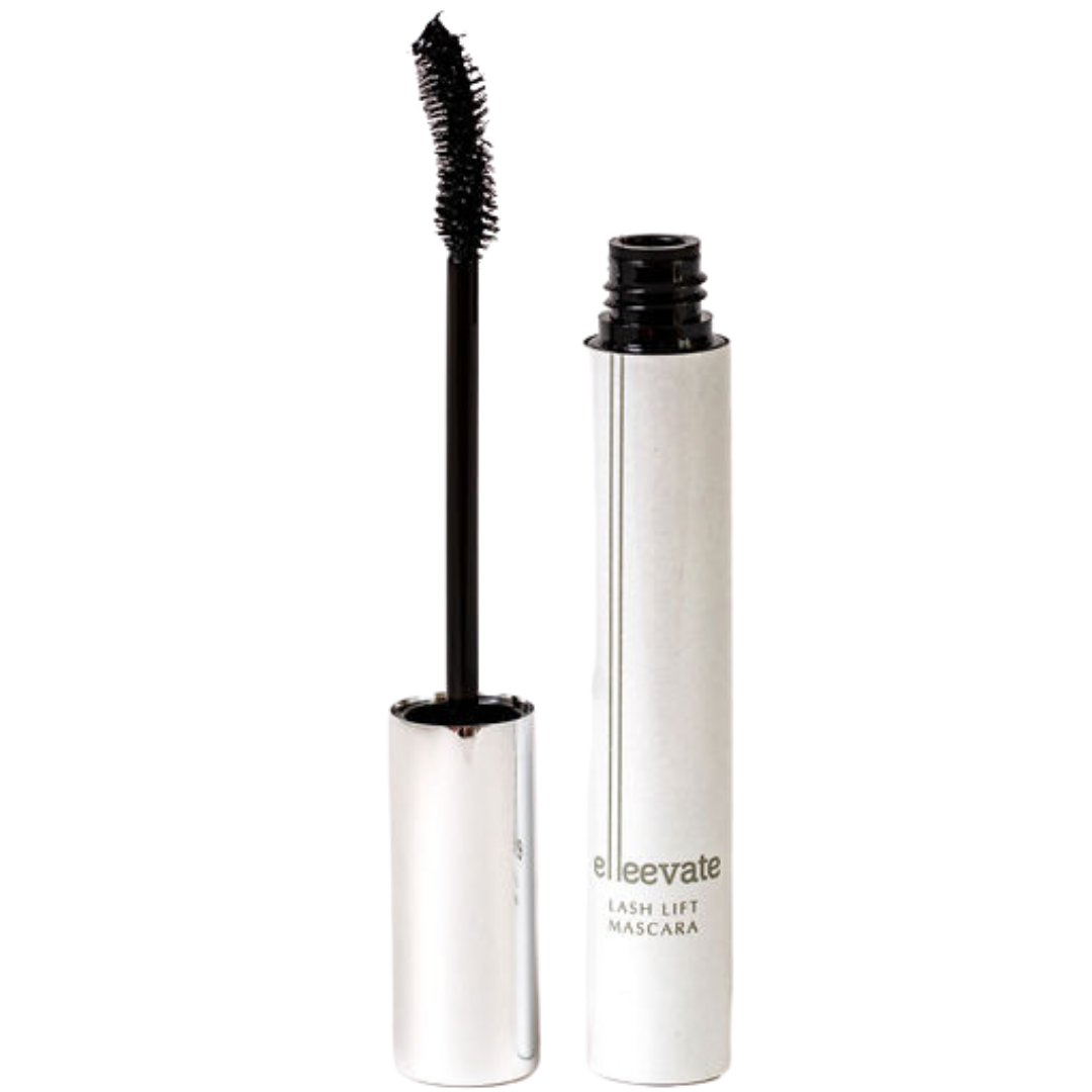 Eine silberne Tube Elleebana Elleevate Mascara, 10ml, mit nährender Formel und Keratin-Komplex-Applikator abgebildet. Blashy Shop