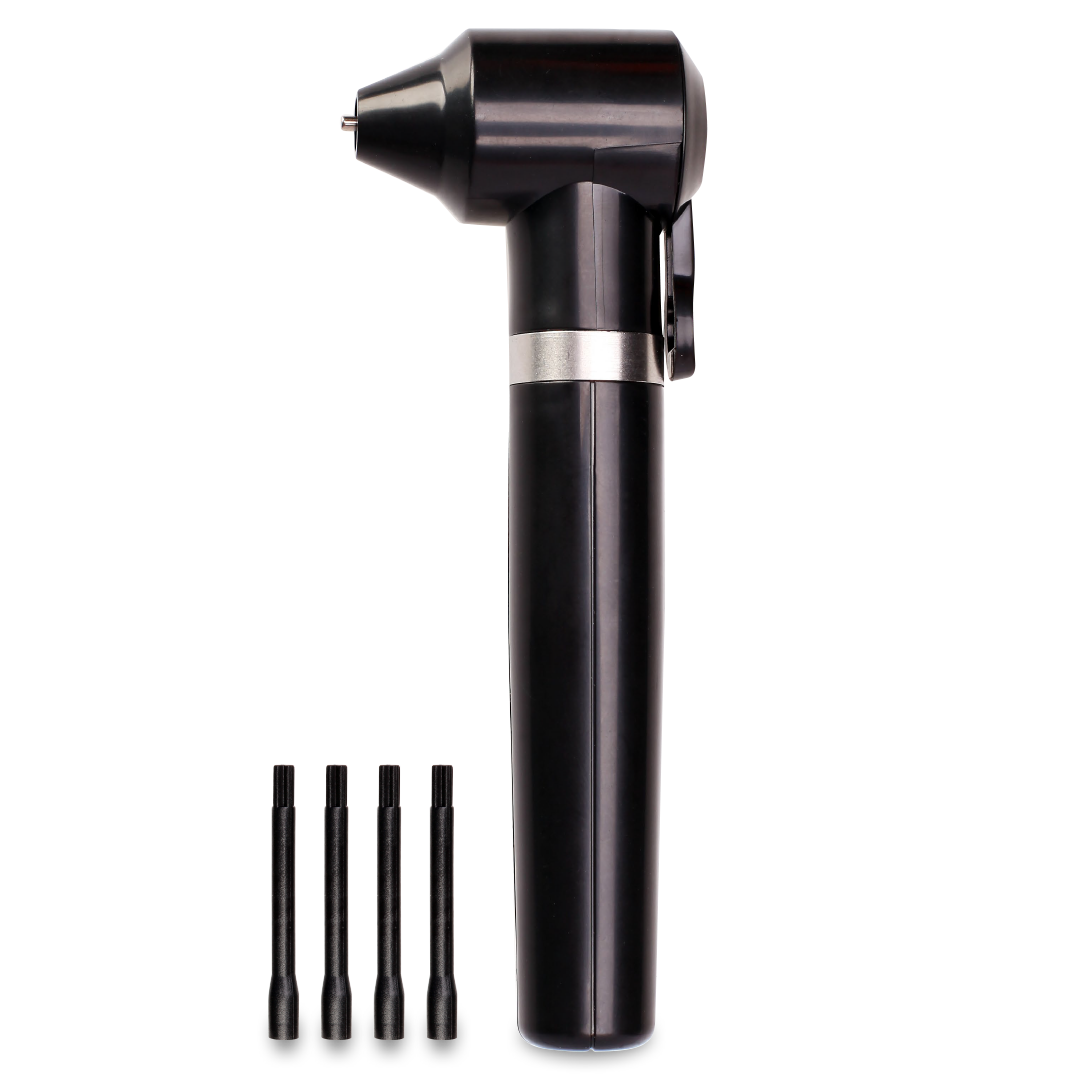 Black Ink Mixer Tool von Blashy C, aufrecht stehend mit silbernem Band und vier Ersatzspitzen auf der Vorderseite. Blashy Shop