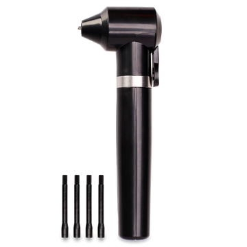 Black Ink Mixer Tool von Blashy C, aufrecht stehend mit silbernem Band und vier Ersatzspitzen auf der Vorderseite. Blashy Shop
