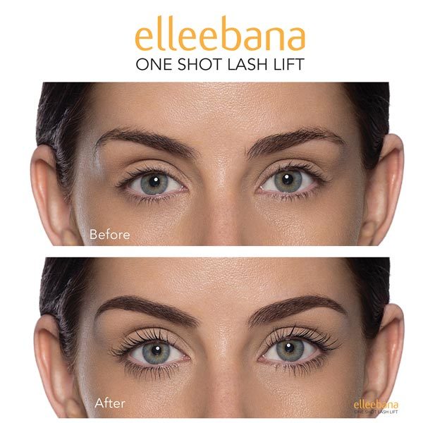 Nahaufnahme der Augen einer Frau vor und nach der Elleebana Lash Lift Lotion 10/10 Packung, die geliftete, geschwungene Wimpern zeigt. Blashy Shop