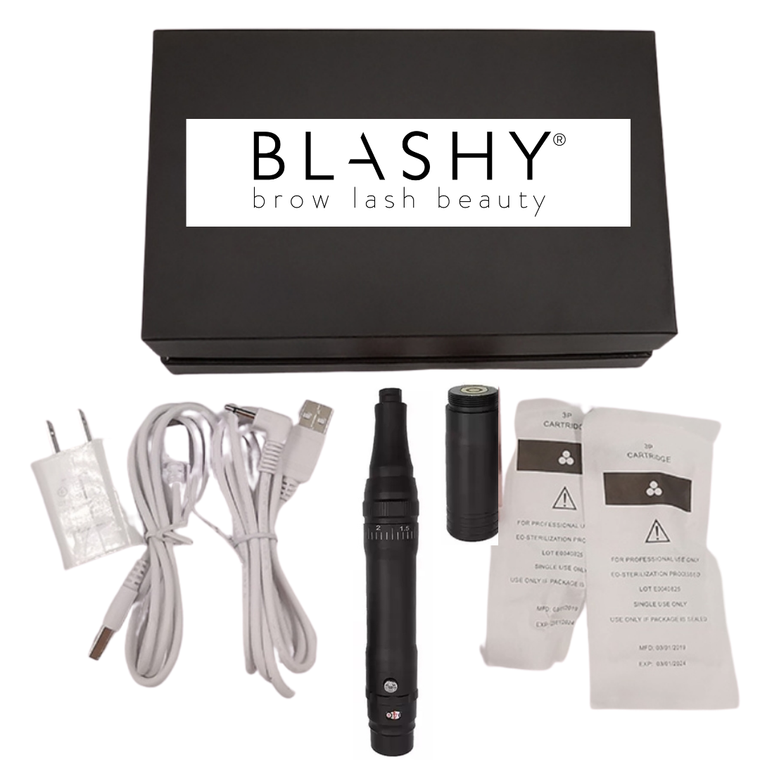 Das Blashy C Permanent Make-Up Pen Kit wird mit Patronen, einem Netzteil und USB-Kabeln in einer Box geliefert. Blashy Shop