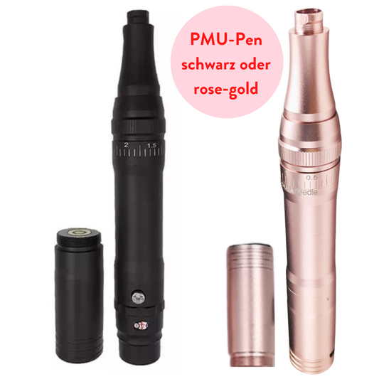 Zwei Blashy C Permanent Make-up Stifte, schwarz und roségold, nebeneinander mit einer Kappe in der Nähe des schwarzen Stiftes. Blashy Shop
