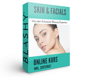 Eine tealfarbene und weiße SKIN & FACIAL SPECIALIST Online Kurs Box von Lash&Brow Academy, zeigt eine Frau und Zertifikatsinformationen. Blashy Shop